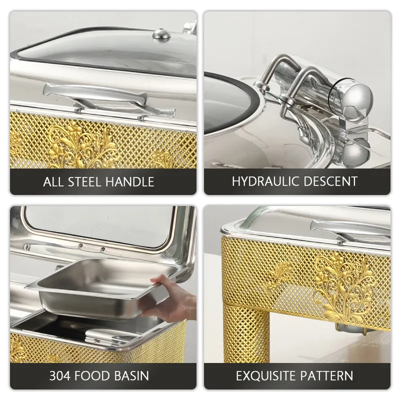Rectangle Stainless Steel Hot Pot Electric Insulation Pot Luxury Design Chafing Dish Hollow Pattern, Cafeteria, Hotel
