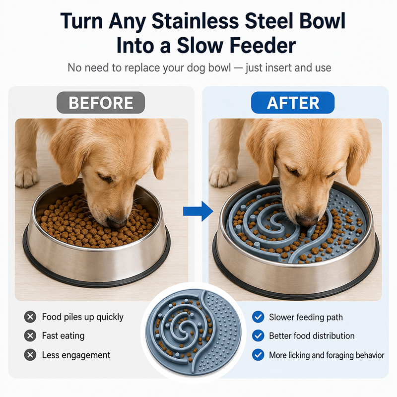 Custom Silicone Slow Feeder Bowl Insert For Dogs Fits Stainless Steel Bowls With Suction Back Raised Pegs And Lick Mat Texture
