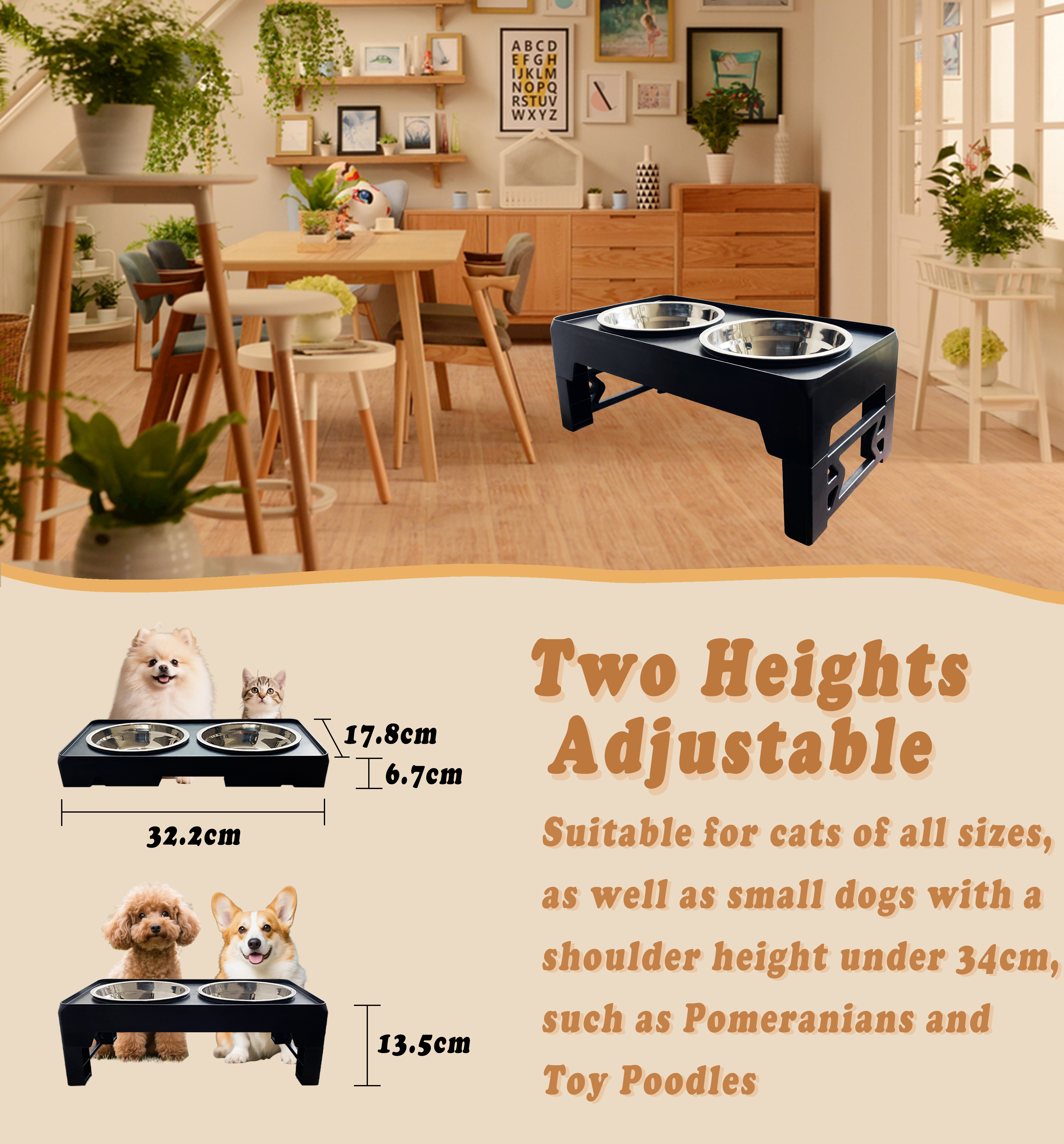 2-in-1 Modern Collapsible Elevated Dog Feeder Stylish Stainless Steel Plastic 2 Height Adjustment Durable Raised Pet Slow Feeder