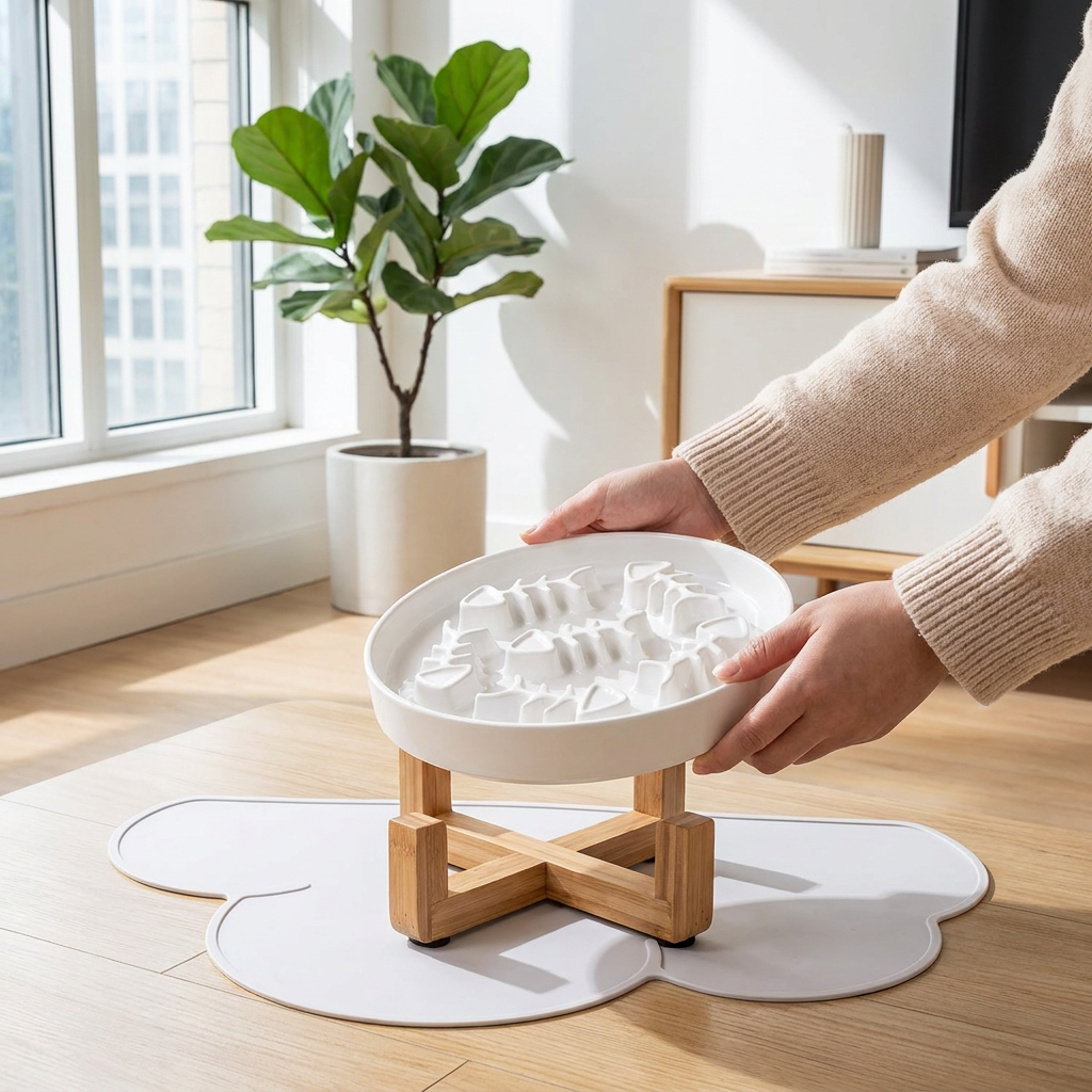 Ceramic Slow Feed Cat Bowl Anti-Choking Pet Dish with Fish Bone Pattern