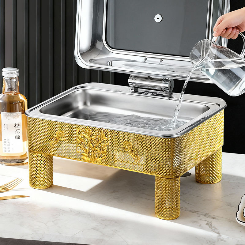 Rectangle Stainless Steel Hot Pot Electric Insulation Pot Luxury Design Chafing Dish Hollow Pattern, Cafeteria, Hotel