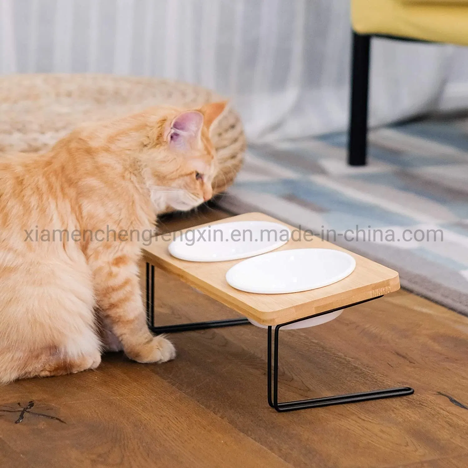 Elevated Cat Ceramic Bowls, Small Dog 15 Tilted Raised Food Feeding Dishes, Solid Bamboo Water Stand Feeder Set for Cats and Puppy