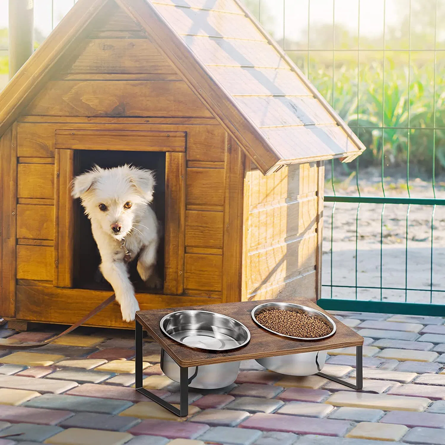 High Quality Metal Wood Dog Raised Bowls Tilted Elevated Cat Food Bowls