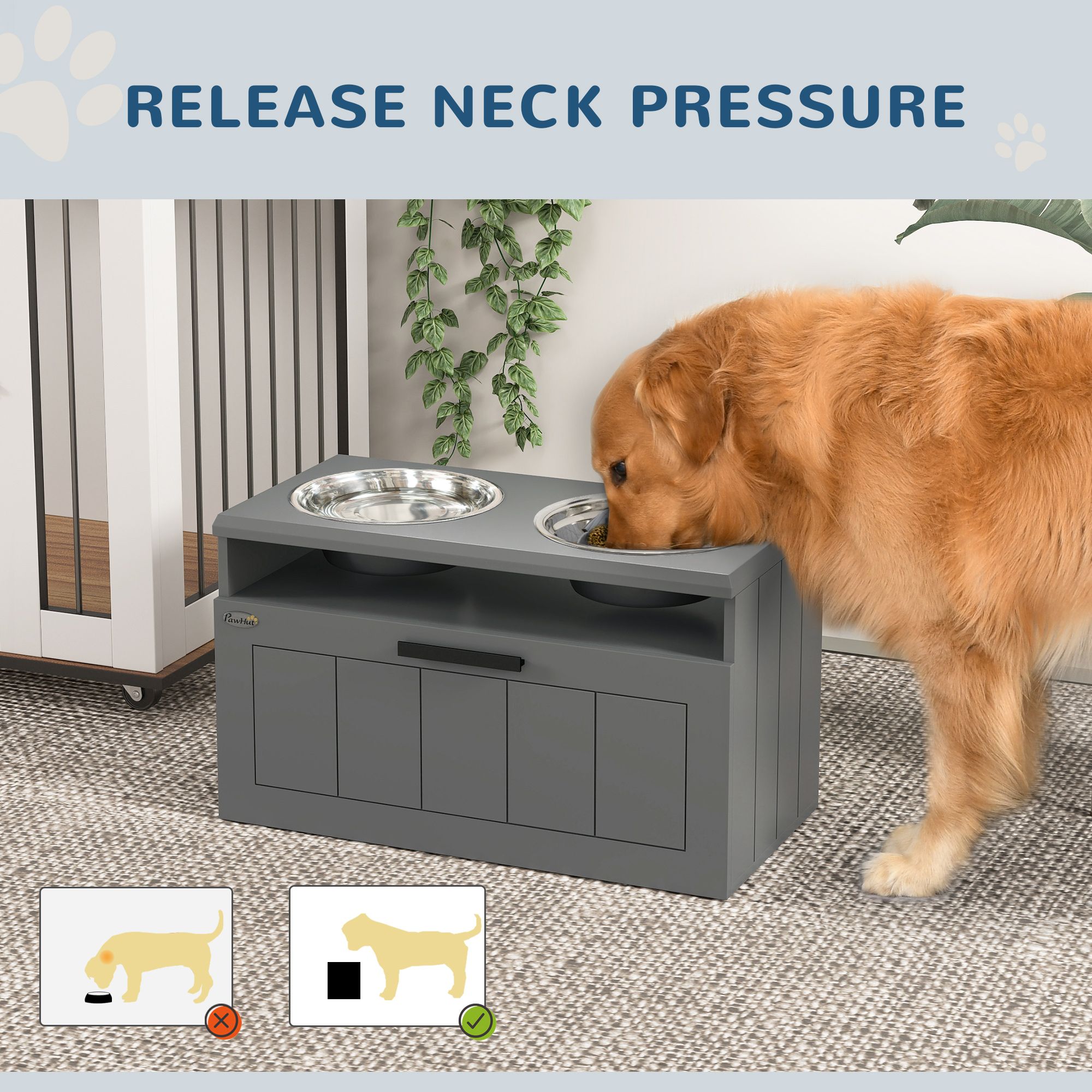 Large Breed Elevated Dog Bowls with Storage Drawer Slow Feeder Mat and 2 Stainless Steel Bowls for Puppies & Adult Dogs