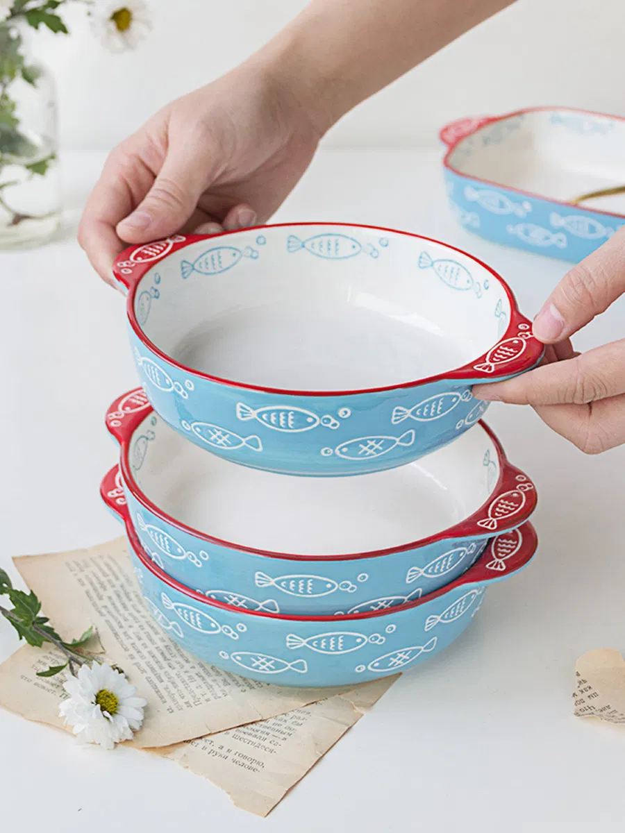 Hand-Painted Fish Pattern Roasting Ceramic Food Plate Round Baking Pan Dish