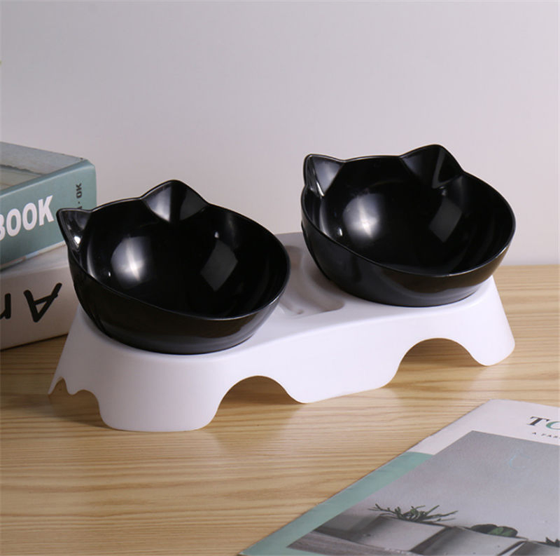 15° Tilted Cat Food Water Bowls with Raised Stand for Neck Protection