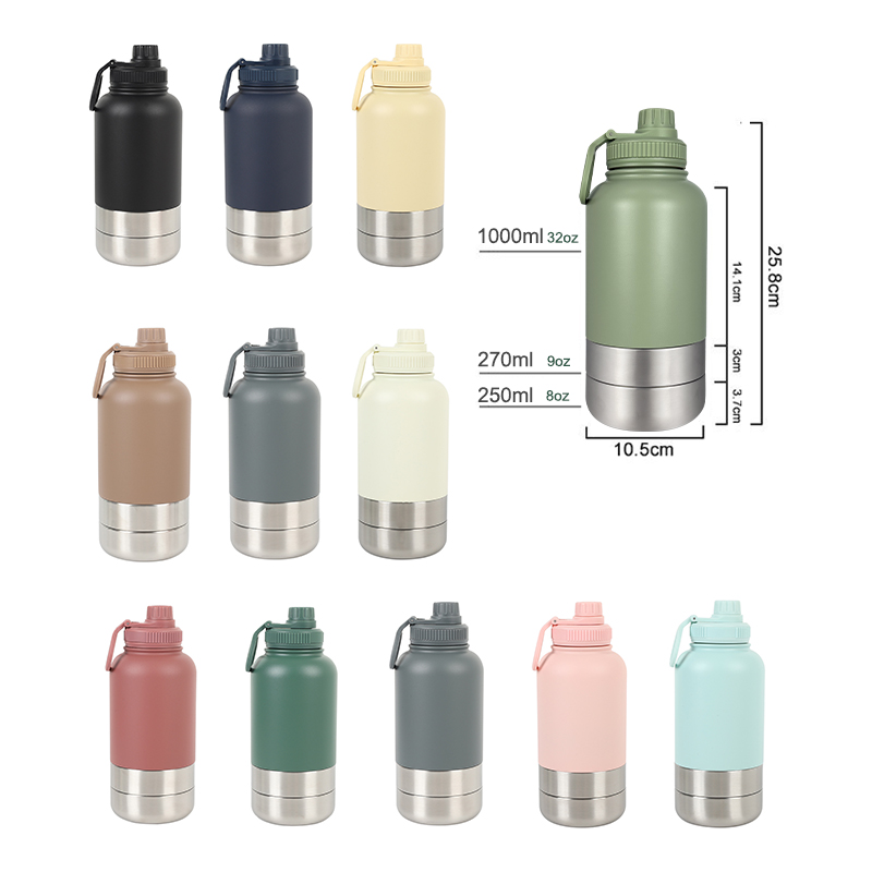 2025 Travel Pet Feeder Stainless Steel Portable Insulated Dog Water Bottles With Removable Bowl