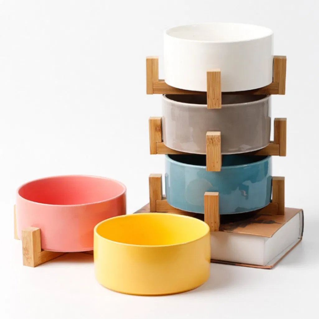 Manufacturer Wholesale 15° Tilted Food Feeding Dishes Cat Bowl Elevated Dog Food Bowl Ceramic Pet Bowl with Bamboo Stand