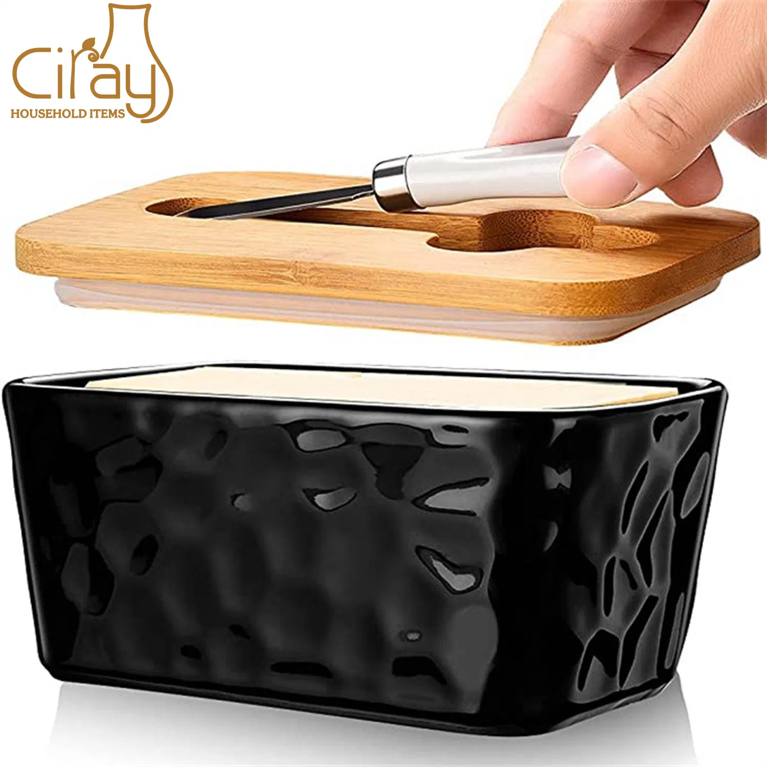 Stone Pattern Ceramic Butter Dish with Cover Porcelain Butter Box with Knife