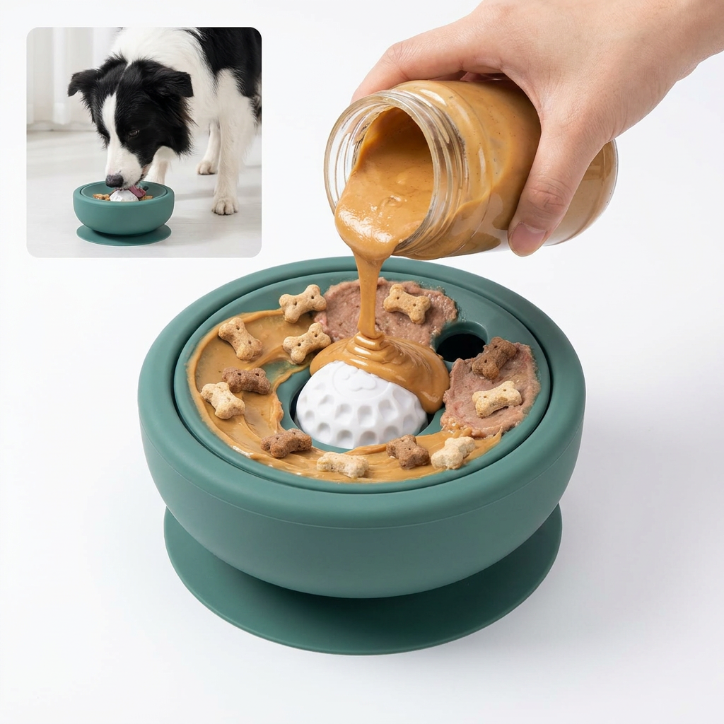 Food Grade Silicone Slow Feeder Dog Bowl with Rolling Ball for IQ Training Anxiety Relief Cat Slow Eating Interactive Lick Pad