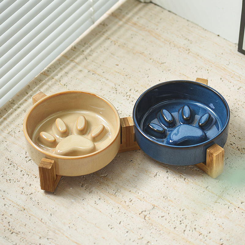 Japanese Style Solid Ceramic Pet Cat &amp; Dog Bowl Slow Feeder Anti-Choke Anti-Tip Eco-Friendly Non-Slip Leak Proof Bowl