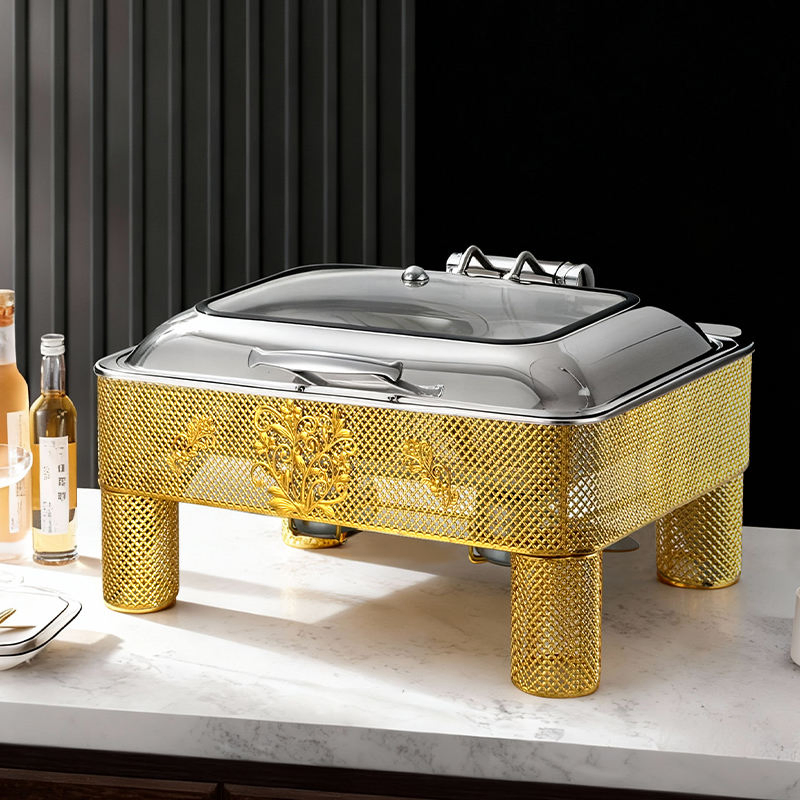 Rectangle Stainless Steel Hot Pot Electric Insulation Pot Luxury Design Chafing Dish Hollow Pattern, Cafeteria, Hotel