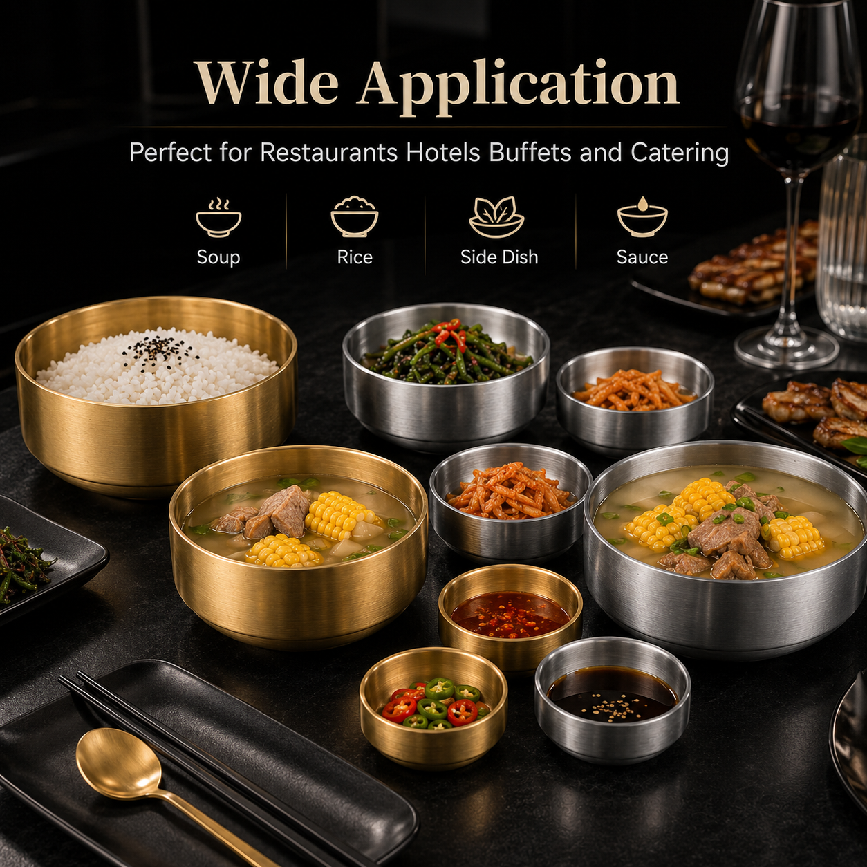 Stainless Steel Korean Soup Bowl Gold Silver Food Grade Metal Bowls Restaurant Hotel Buffet Catering Wholesale