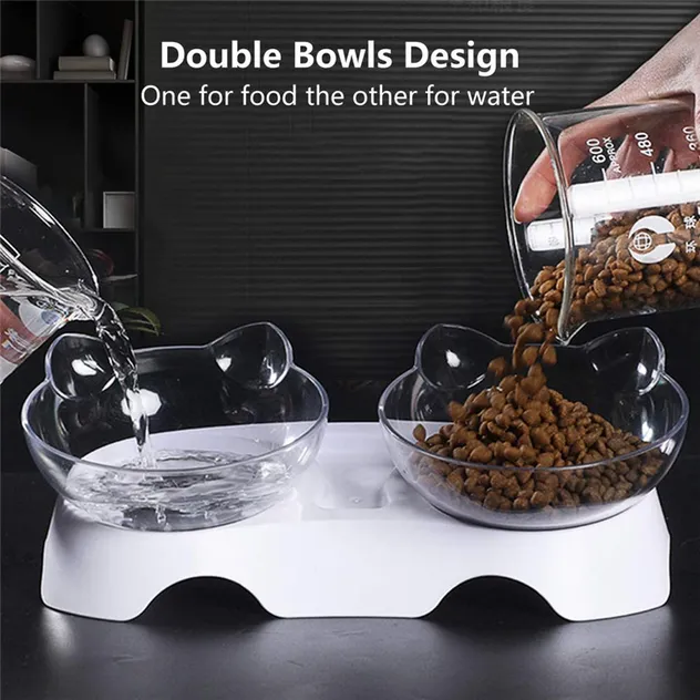 15° Tilted Cat Food Water Bowls with Raised Stand for Neck Protection