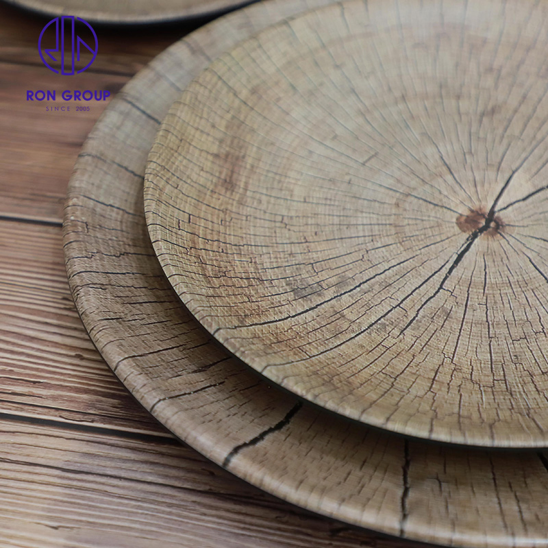 Wholesale Tableware Melamine Dish Japanese Korean Style Ancient Wood Pattern Plate for Hotel Restaurant