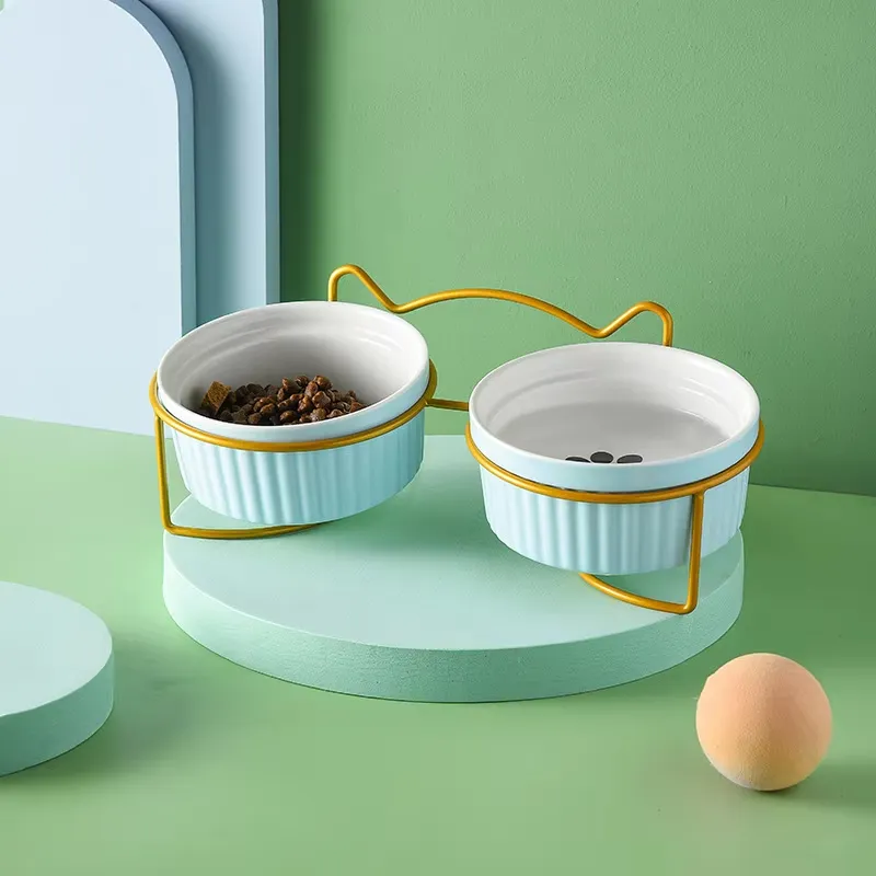 Ceramic Pet Feeding Bowl for Cats Dogs with Stand Tilted