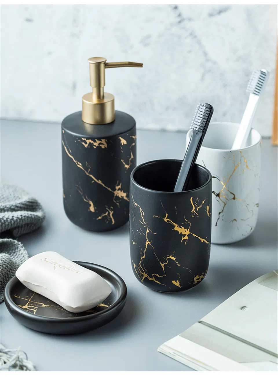 Bath Set Luxury Marble Pattern Tooth Mug Lotion Dispenser Soap Dish