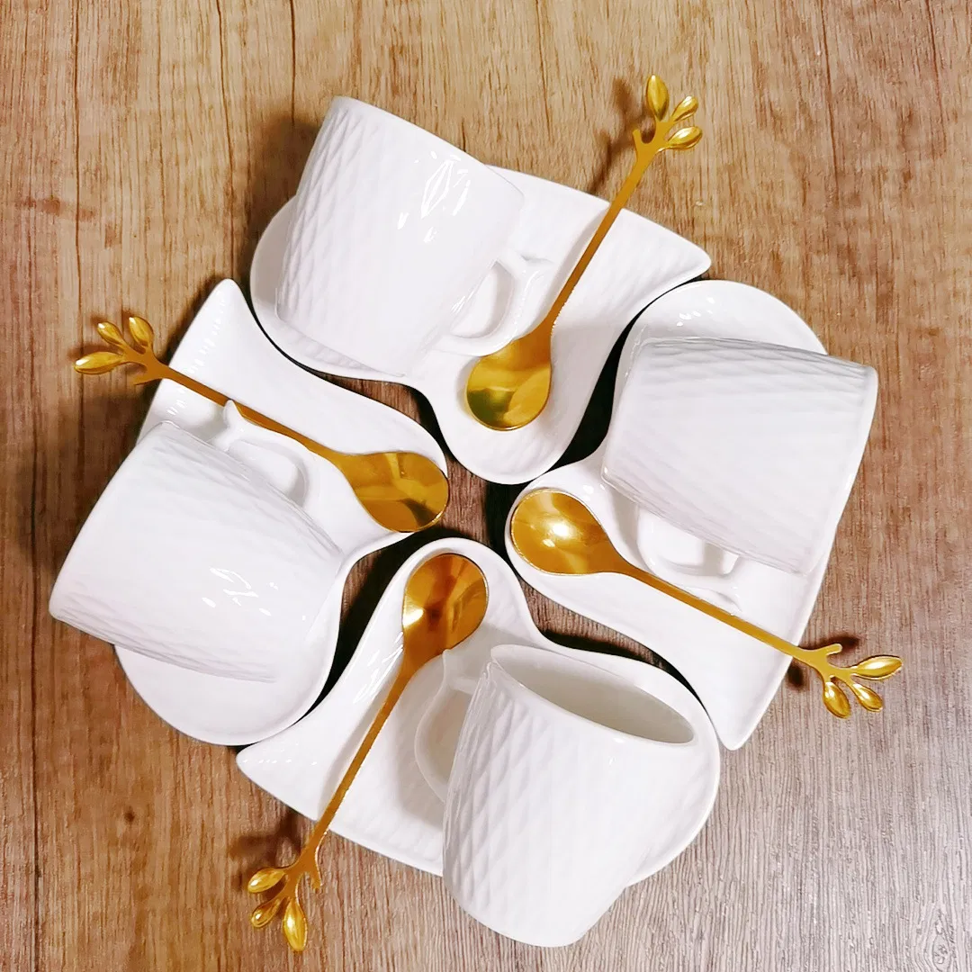 Wholesale Competitive Price White Embossed Pattern Porcelain Coffee Cups Ceramic Heart Shape Leaf Shape Dish and Espresso Cups Set 12PCS with Gift Box