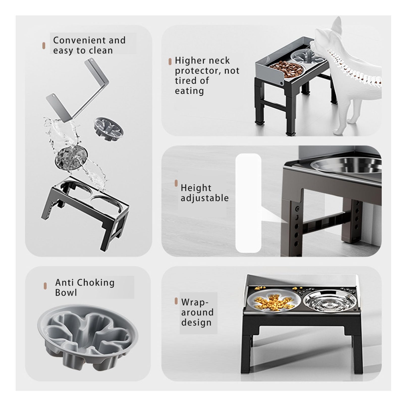Smart Pet Feeding Table Adjustable Height + Slow Eating Bowl Stainless Double Bowls for Large and Small Pets