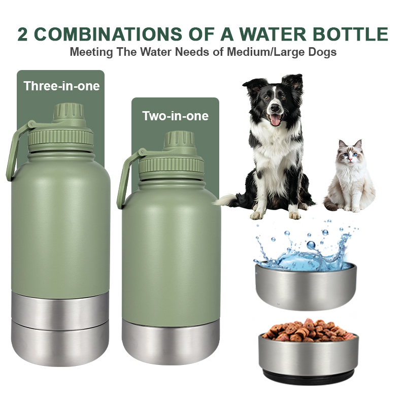 2025 Travel Pet Feeder Stainless Steel Portable Insulated Dog Water Bottles With Removable Bowl