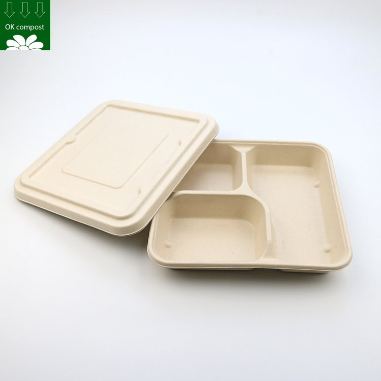 Custom Biodegradable Sugarcane Bagasse 3 Three Compartment Tray Eco Friendly Sugar Cane Lunch Food Plate With Lid