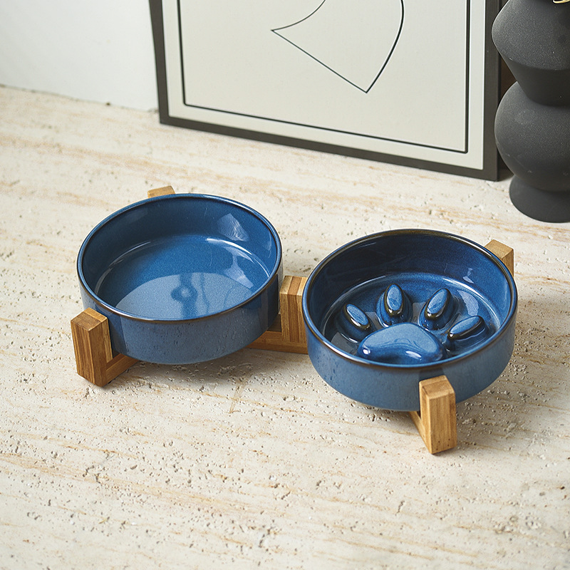 Japanese Style Solid Ceramic Pet Cat &amp; Dog Bowl Slow Feeder Anti-Choke Anti-Tip Eco-Friendly Non-Slip Leak Proof Bowl