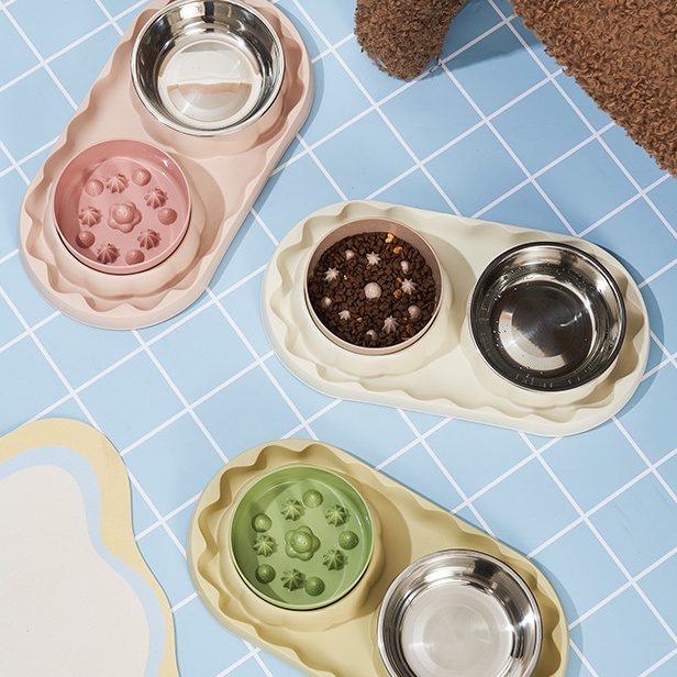 Stainless Steel Two-in-One Pet Food and Water Bowls with Slow Feeding Design for Cats and Dogs