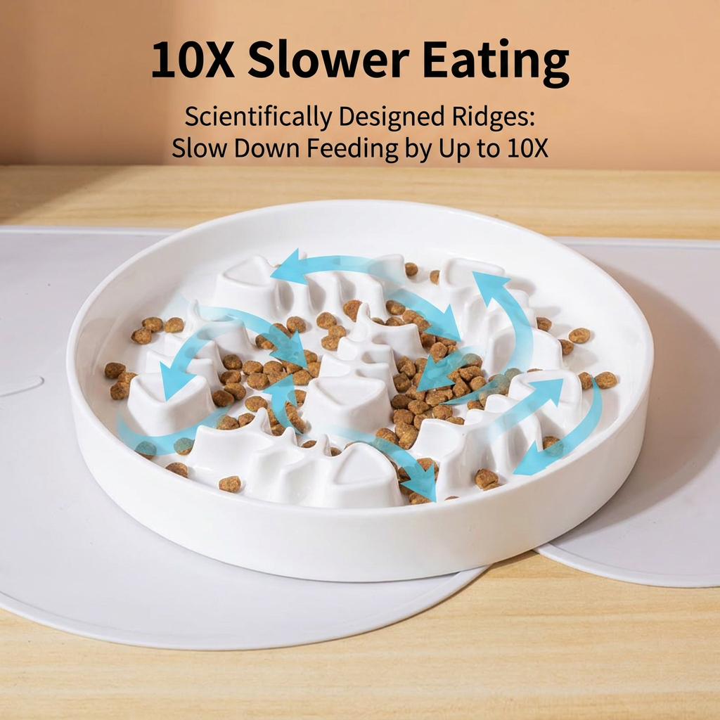 Ceramic Slow Feed Cat Bowl Anti-Choking Pet Dish with Fish Bone Pattern