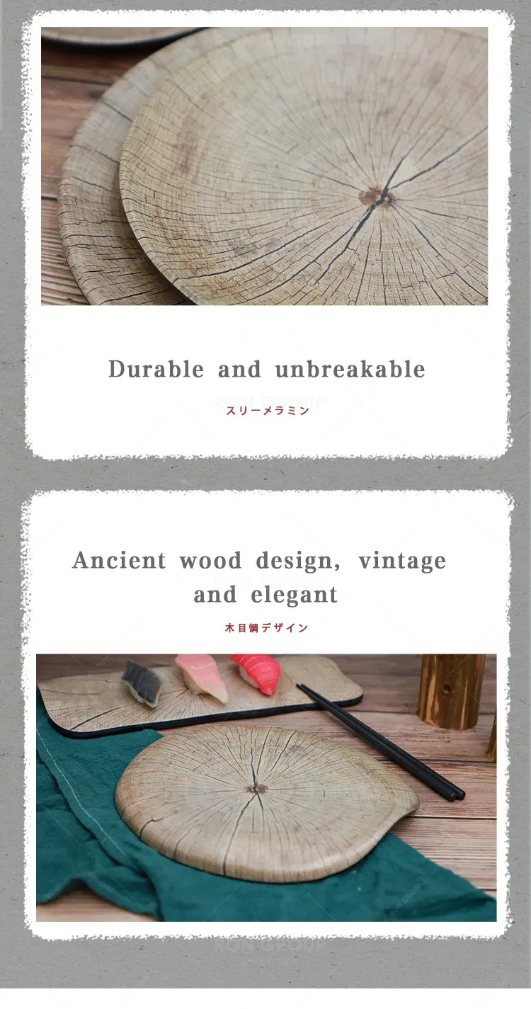 Wholesale Tableware Melamine Dish Japanese Korean Style Ancient Wood Pattern Plate for Hotel Restaurant