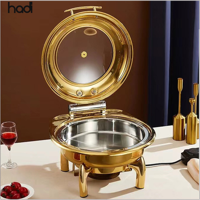 Luxury 9L Stainless Steel Golden Chafing Dish Two Compartments Hotel Restaurant Use Pattern Fuel Heating