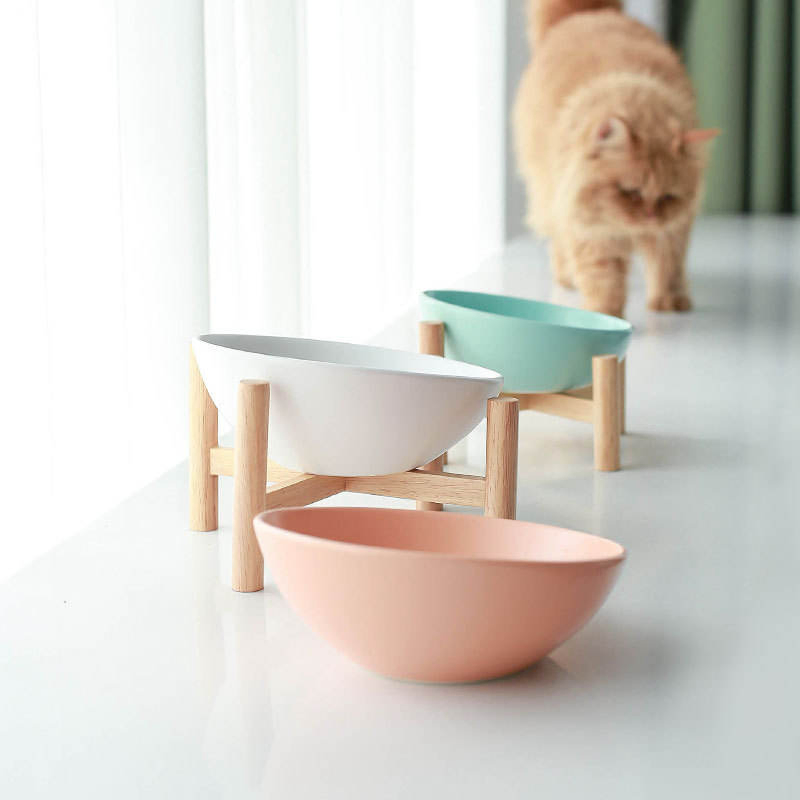 Elevated Tilted Ceramic Cat Bowl with Wooden Stand for Cats