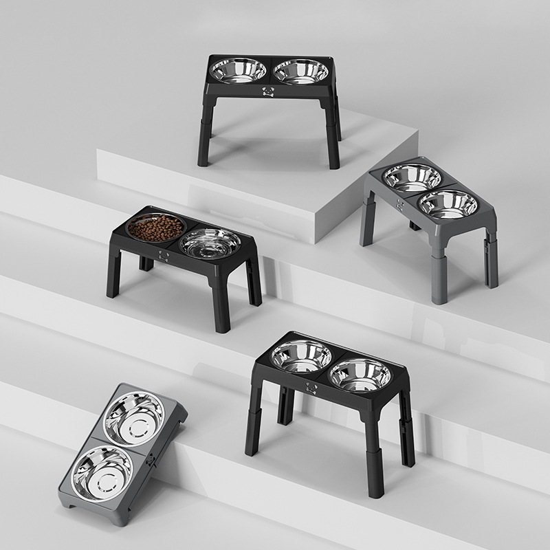 Height Adjustable Pet Double Slow Feeder Adjustable Elevated Stainless Steel Dog Elevated Bowl for Cats Dogs Food With Stand