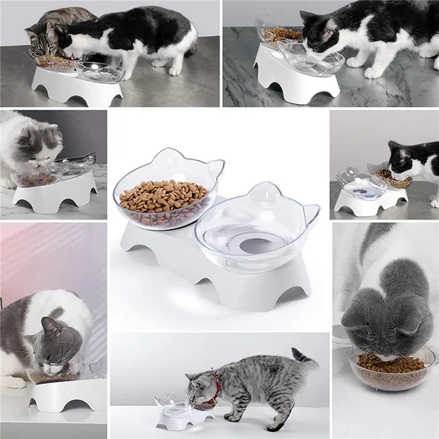 15° Tilted Cat Food Water Bowls with Raised Stand for Neck Protection