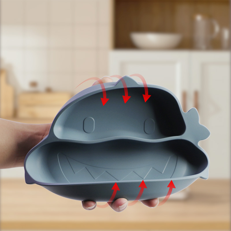 Es-Pro ODM/OEM Custom BPA Free Food Grade Silicone Baby Kids Training Feeding Shark Suction Divided Dish Plate Multi-Certified