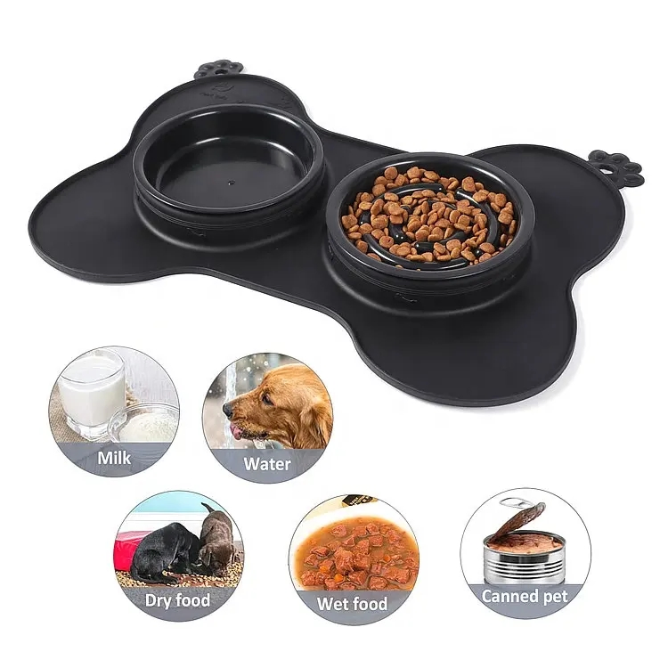 Wholesale Foldable Silicone Raised Double Dog Bowl Pet Feeding Bowls Stainless Elevated Slow Feeder