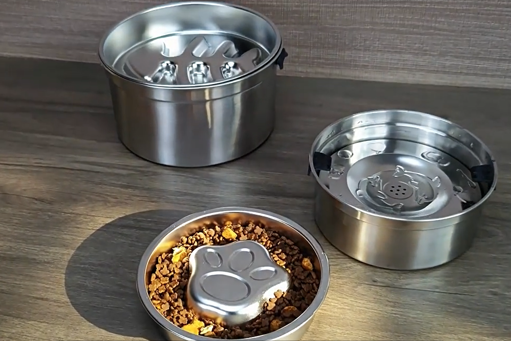 2 in 1 Portable Floating Dog Water Bowl Slow Food Bowl Stainless Steel Pet Slow Feeder Bowl with Food Container