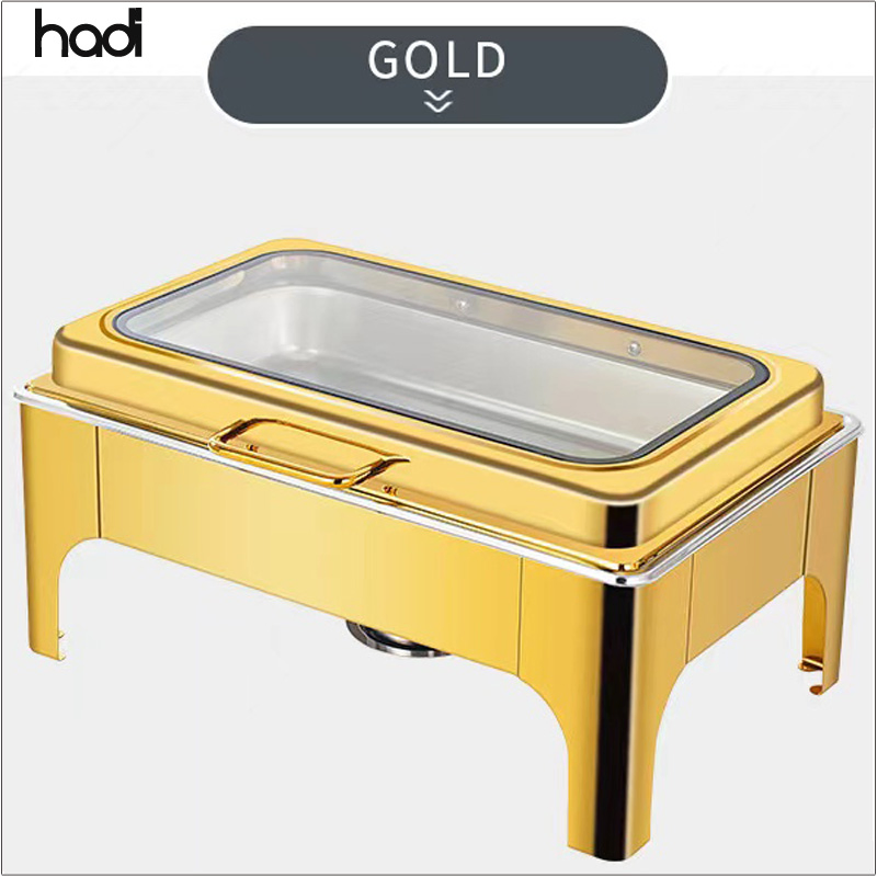 9 Liter Luxury Pattern Stainless Steel Chafing Dish Set Gold Glass Hydraulic Food Warmer Roll Top Design for Hotel Catering
