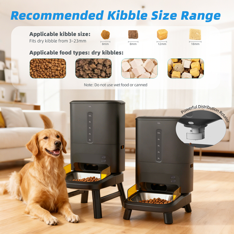 OEM 15L Wifi Large Dog Automatic Dog Feeder With Timer App Raised Dog Food Dispenser Visible Window Elevate Smart Pet Feeder