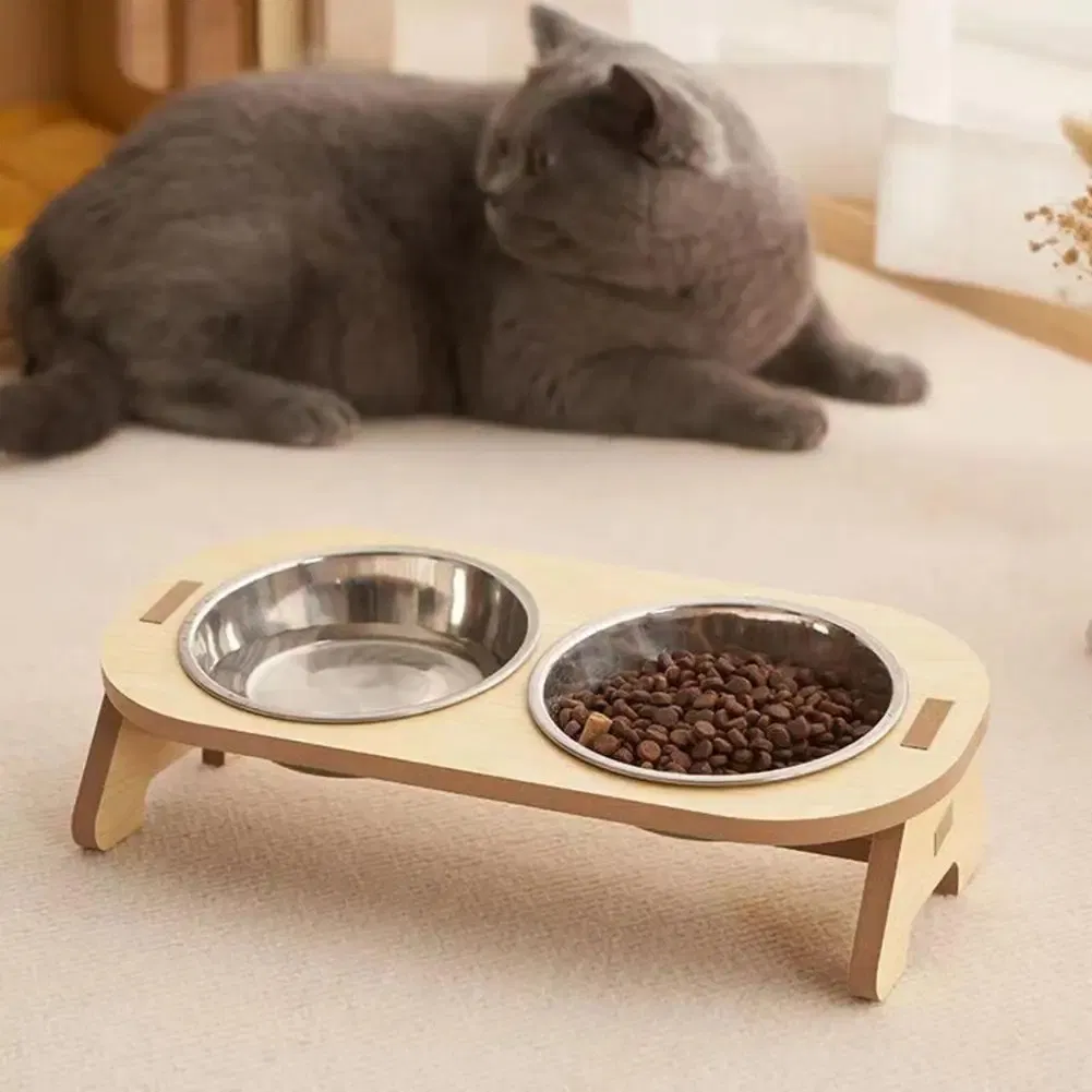 Elevated Pet Bowls Tilted Single Double Cat Stainless Steel Food Bowls Wooden Dog Water Feeding Container Cat Supplies
