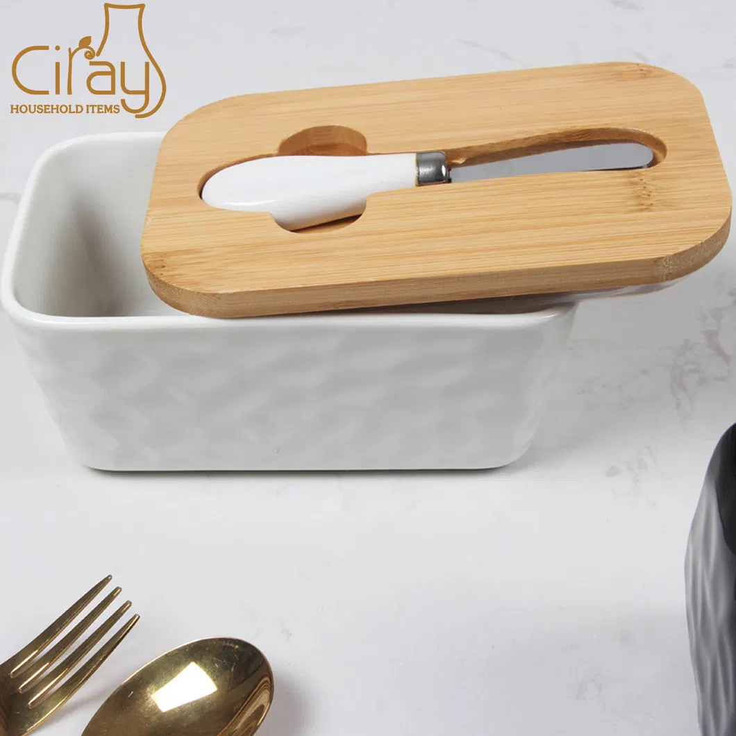Stone Pattern Ceramic Butter Dish with Cover Porcelain Butter Box with Knife Details 4