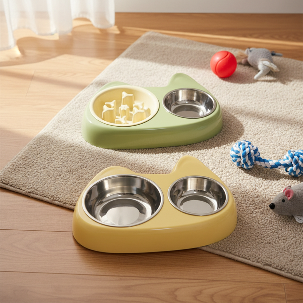 Portable Eco-Friendly Stainless Steel Rounded Shape Two-in-One Slow Feeding Anti-Choking Cat Bowl for Small Animals