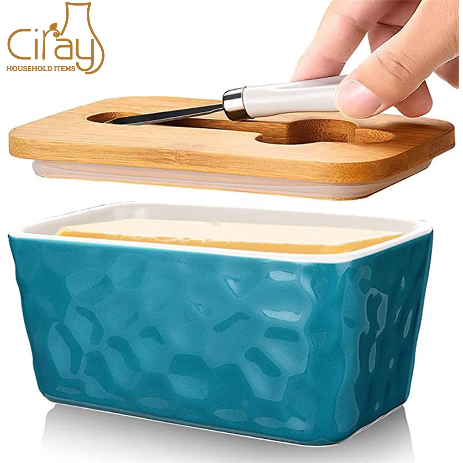 Stone Pattern Ceramic Butter Dish with Cover Porcelain Butter Box with Knife