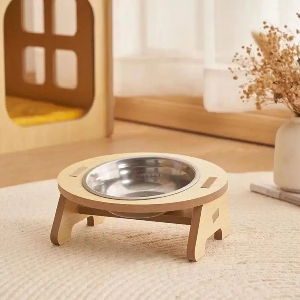 Elevated Pet Bowls Tilted Single Double Cat Stainless Steel Food Bowls Wooden Dog Water Feeding Container Cat Supplies