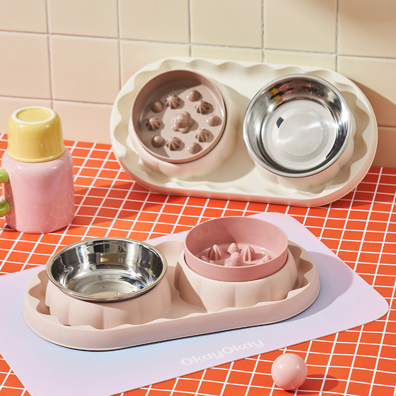 Stainless Steel Two-in-One Pet Food and Water Bowls with Slow Feeding Design for Cats and Dogs