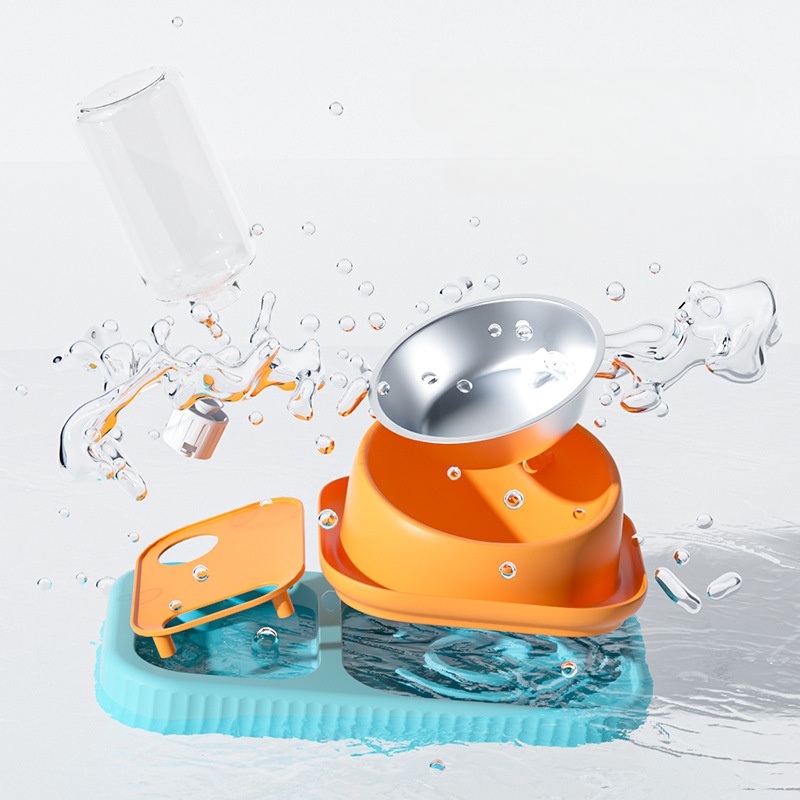 Beveled Anti-Tipping Dog Bowls Cat Food and Water Bowl Set with Water Dispenser Slow Feeder and Stainless Steel Bowl for Pets