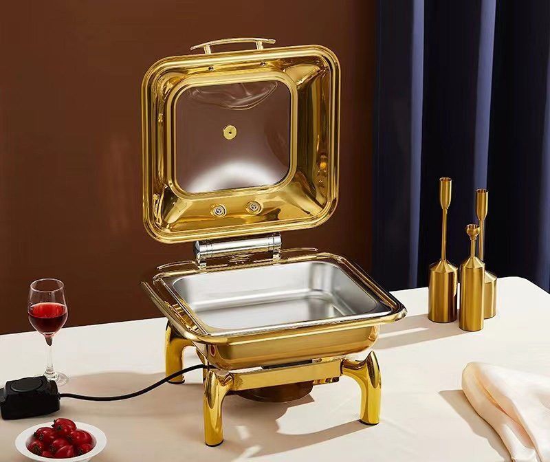 Luxury 9L Stainless Steel Golden Chafing Dish Two Compartments Hotel Restaurant Use Pattern Fuel Heating