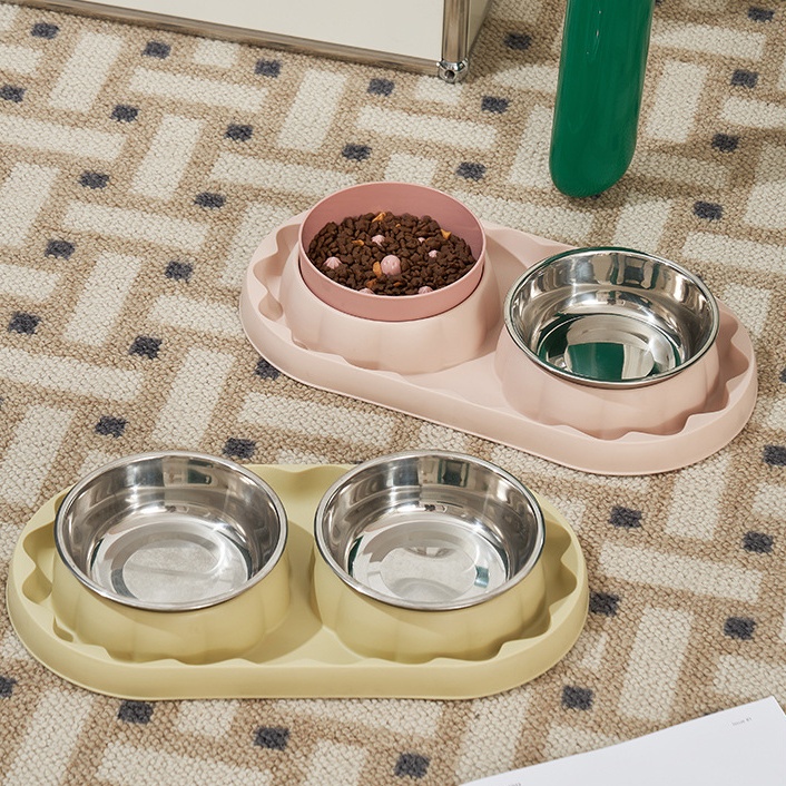 Stainless Steel Two-in-One Pet Food and Water Bowls with Slow Feeding Design for Cats and Dogs