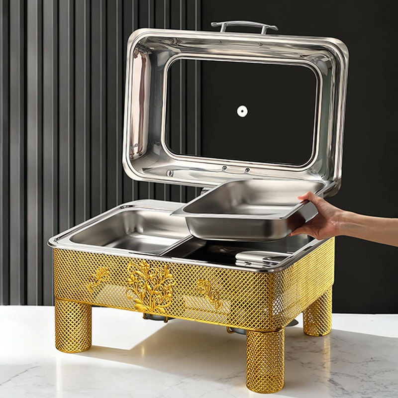 Rectangle Stainless Steel Hot Pot Electric Insulation Pot Luxury Design Chafing Dish Hollow Pattern, Cafeteria, Hotel