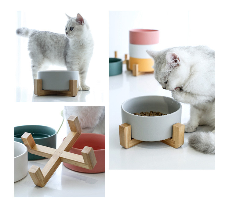 Wholesale Japan Style Printed White Custom Elevated Stand Raised Marble Ceramic Cat Pet Dog Bowl Feeder