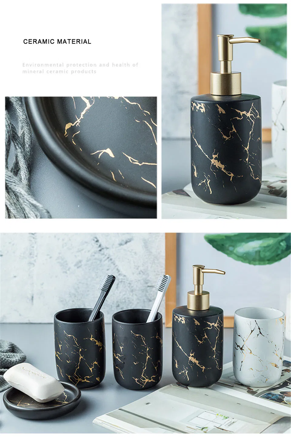 Bath Set Luxury Marble Pattern Tooth Mug Lotion Dispenser Soap Dish